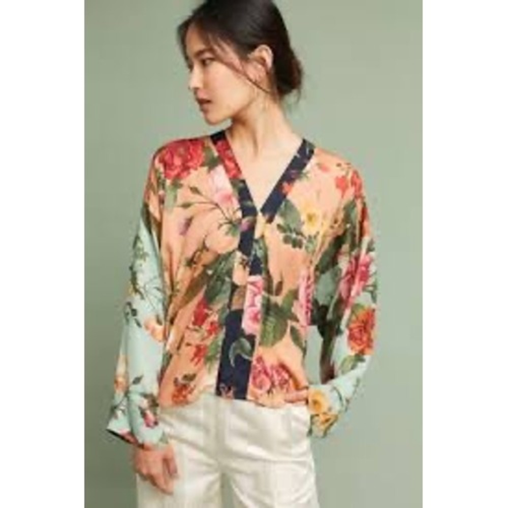 Farm Rio Floral Kimono Top Women Medium Petite Peach Mint Contrast V-Neck Blouse